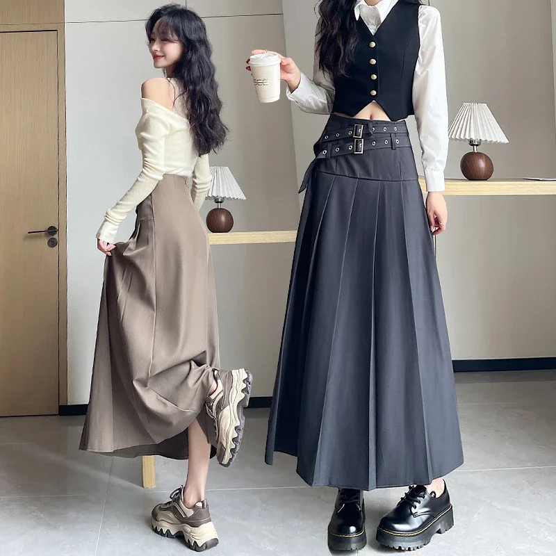 Double Waistband Suit Skirts 2024 Autumn New High Waisted Mid A-line Umbrella Skirt Long Skirt for Women OL Pleated Black Skirt