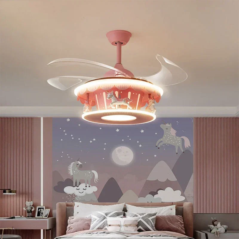 

SANDYHA Girls Creative Carousel Led Ceiling Lamp Pink Princess Room Light Invisible Fan Cartoon Hanging Fixtures for