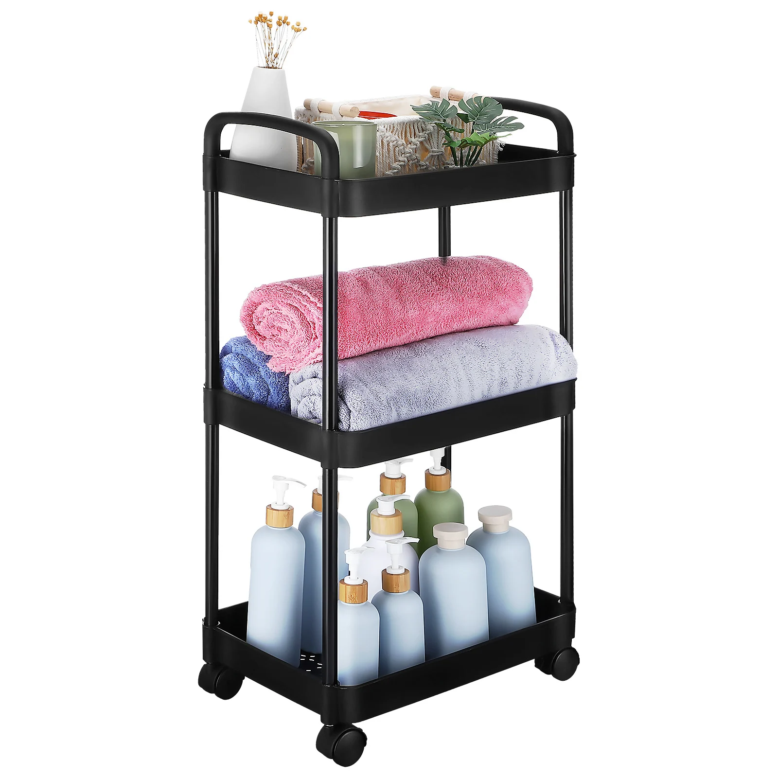 

3 Tier Rolling Cart Black 72x37x26cm Storage Utility Carts With Wheels Compact Bedroom Dormitory Sturdy Plastic