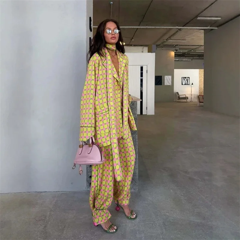 Pink Green Polka Dot Satin Two Piece Set Lapel Long Sleeve Button Shirt Ruffle Cuff Loose Long Pants 2026 Relax Casual Outfits