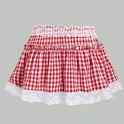 Women Y2K Plaid Pleated Mini Skirt Lace Ruffle Aline Skirt Blue Gingham Dorothy Halloween Costume Sissy Skirt Party Clubwear