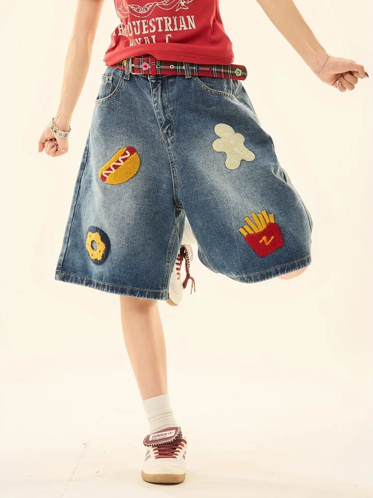 

Retro Hong Kong Sle Loose Wide Leg Five-Quarter Casual orts ex Summer Street Faion Versatile Faionable Jeans orts