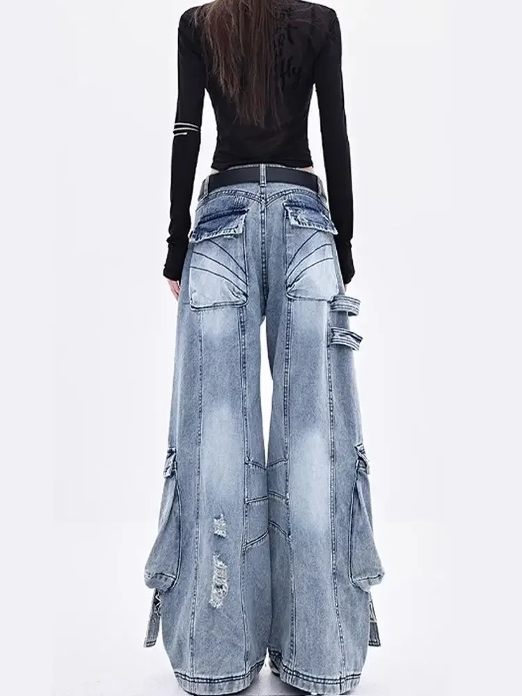 Jean Cargo déchiré Vintage bleu effiloché, multi-poches, pour femmes, Cyber Chic américain Hip Hop Y2k, taille haute, pantalon en Denim droit ample