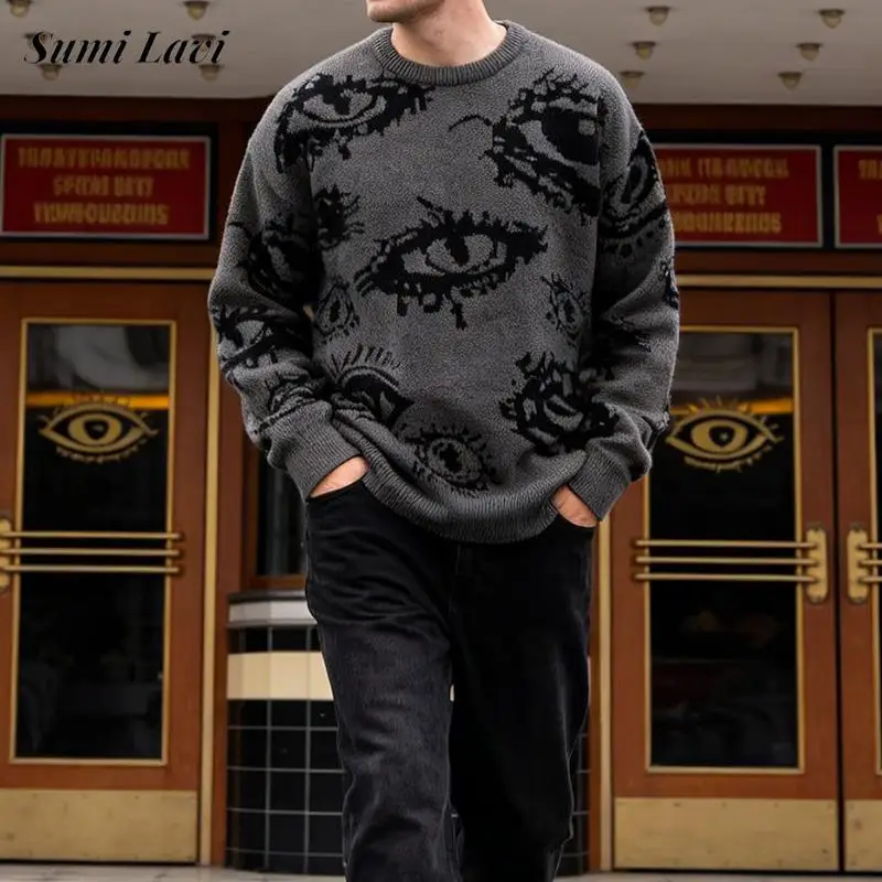 

2026 Spring Casual Mens Crew Neck Sweaters Vintage Graphic Crochet Knit Pullover Tops Men Fashion Long Sleve Knitting Sweater