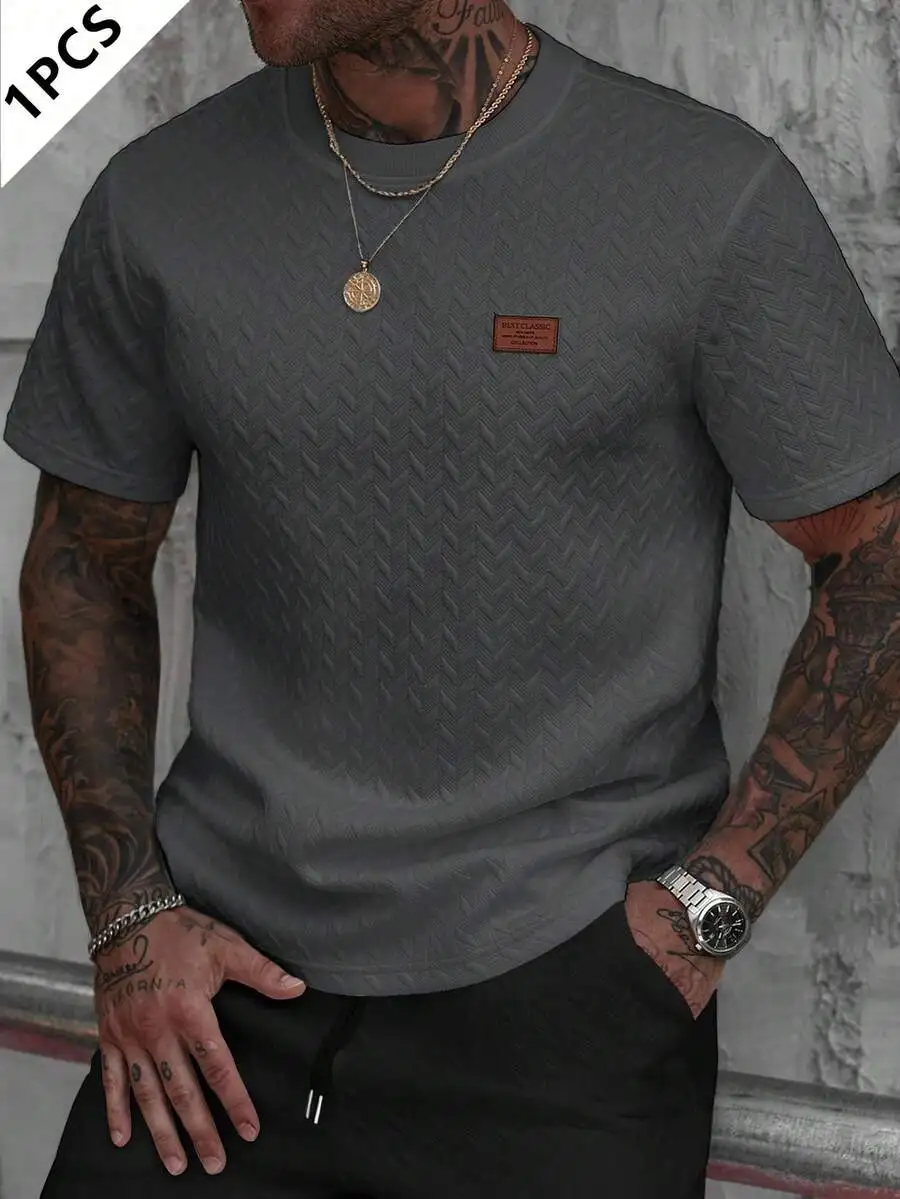

Men's Gray Textured Jacquard Short Sleeve T-Shirt, Casual Summer Wear