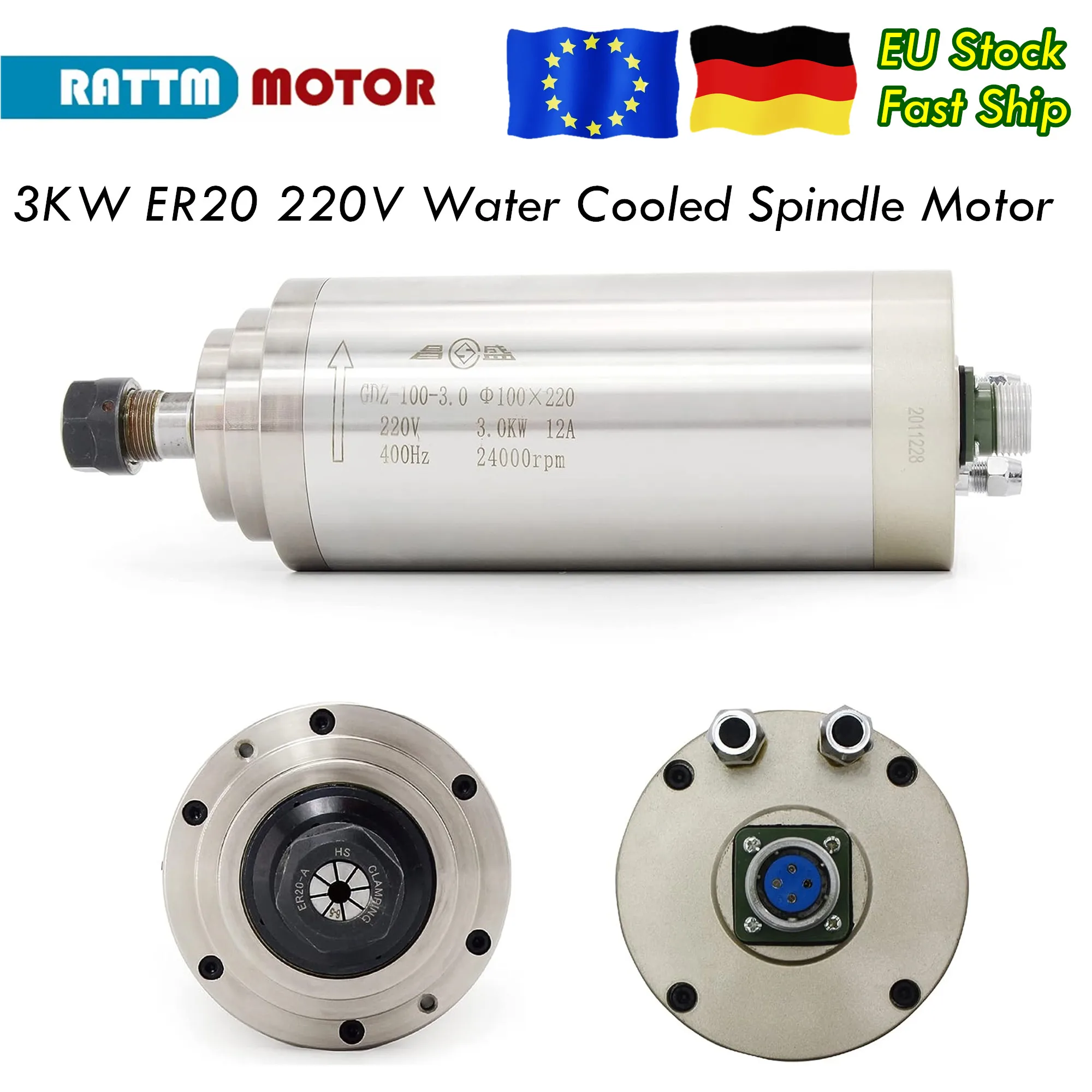 【EU/USA Stock】CNC Engraving Motor 3kw ER20 Collet Water Cooled Spindle Motor 80*213mm 380v / 220v / 110v 7series Steel Bearing