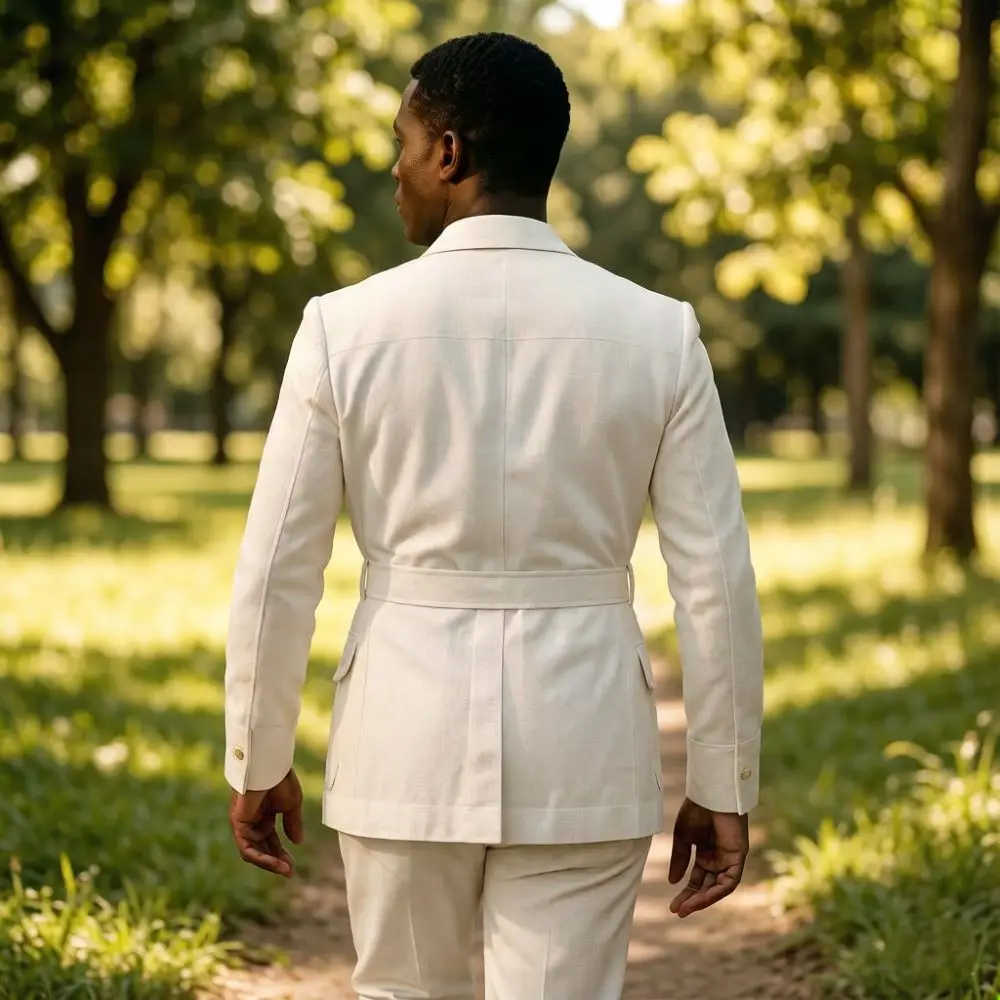 Mens Off White Linen Safari Suits 2 Piece Notched Lapel Prom Suit with Belt Gold Buttons Multi Pockets Beach Summer Wedding view 2
