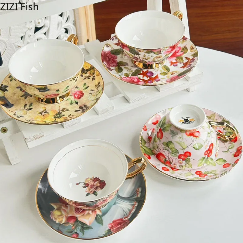 Exquisite Glazed Porcelain Cup&saucer Flowers Pattern Coffee Mug Dining Table Milk Mugs Afternoon Tea Teacup Fruits Juice Cup