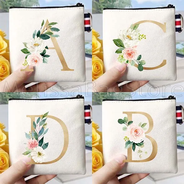花のイニシャル文字 A～Z 花柄モノグラム ゴールド文字 キャンバス コインパースバッグ 小型スクエアキー収納カードバッグ ウォレットポーチ