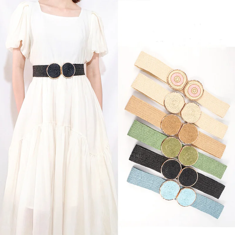 

Fashion Multicolor Women Elastic Belt PP Straw Weave Round Pair Buckle Waist Strap Decoration Dress Coat Jeans Waistband