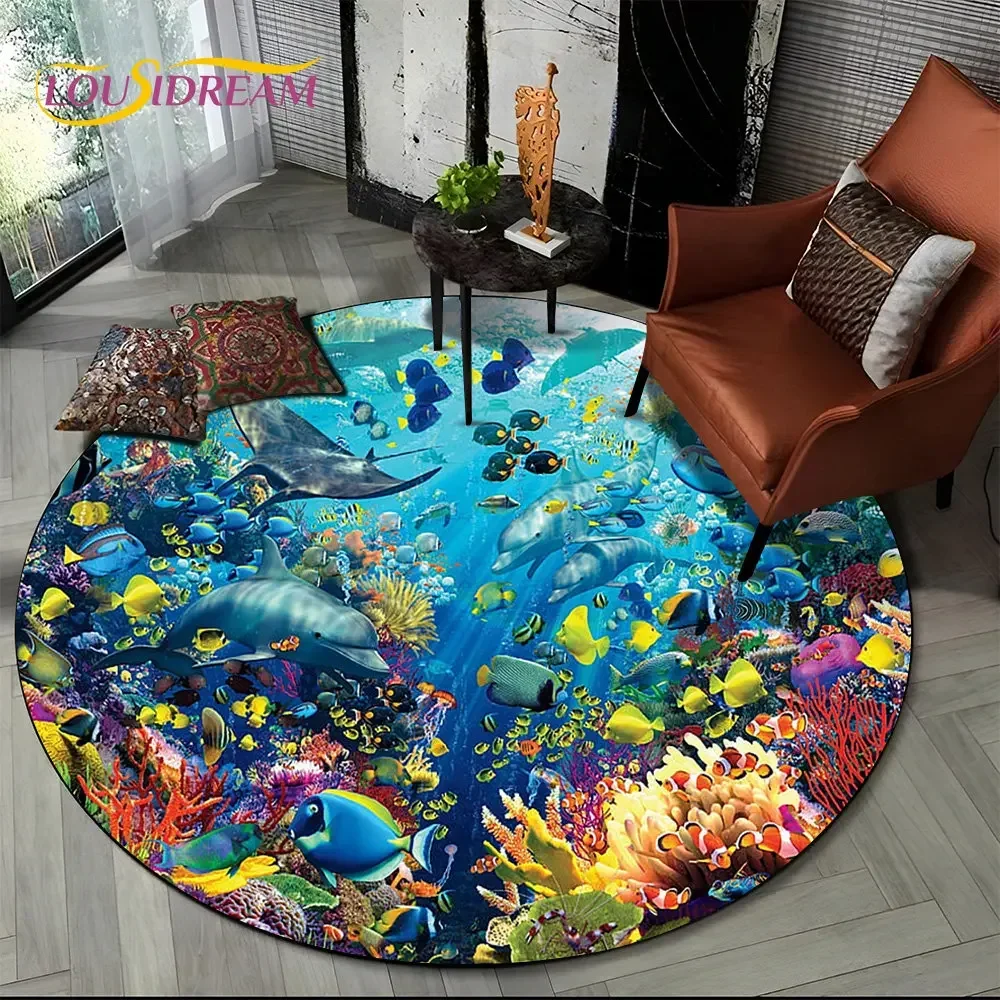 Round Rug with Dolphin & Turtle Design, Seabed Print Non-Slip Floor Mat for Living Room or Kids Playroom