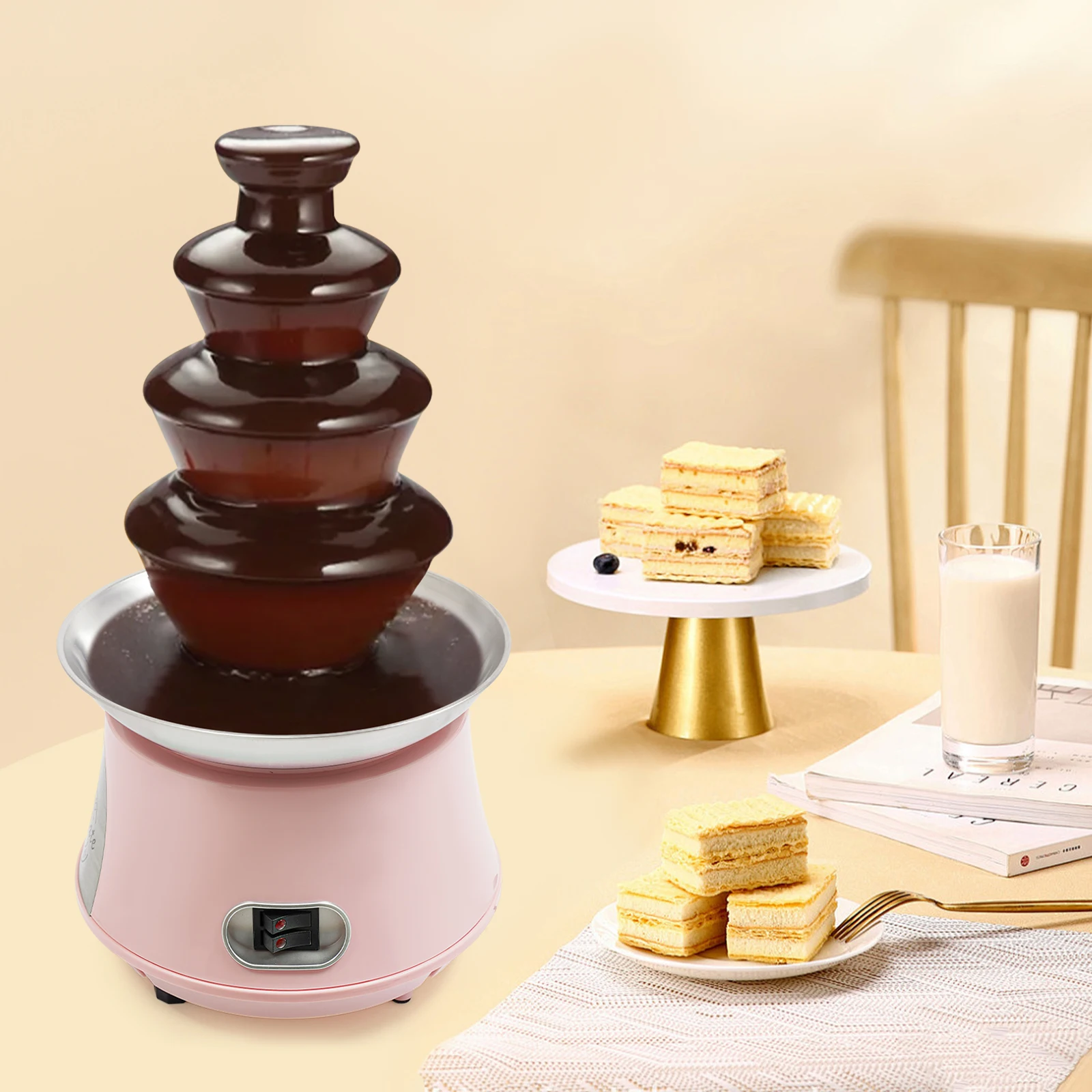 4-Tier Large Capacity Countertop Pink+Silver Electric Chocolate Fountain Machine Family Gatherings Weddings Birthdays Anniversaries