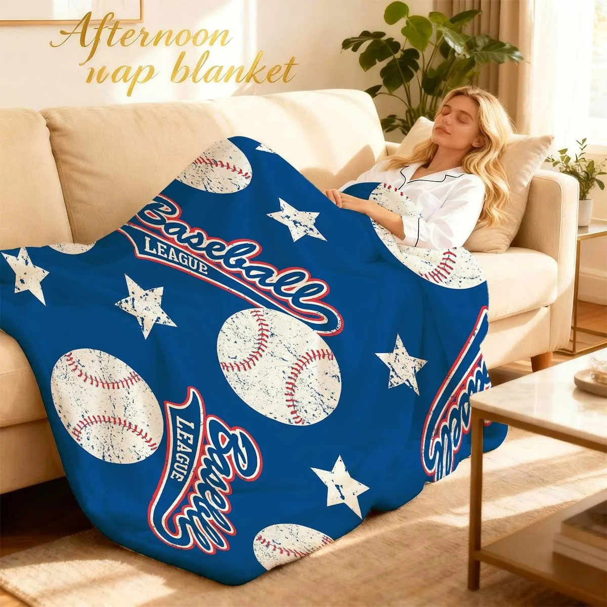 1pc Vintage Baseball Flannel Throw Blanket -Baseball LeagueDesign with Red & White Stitched Balls & Stars, Soft Plush Polyester, Multiple Sizes for Home, Camping, Sofa, Bedroom Decor - Perfect Gi