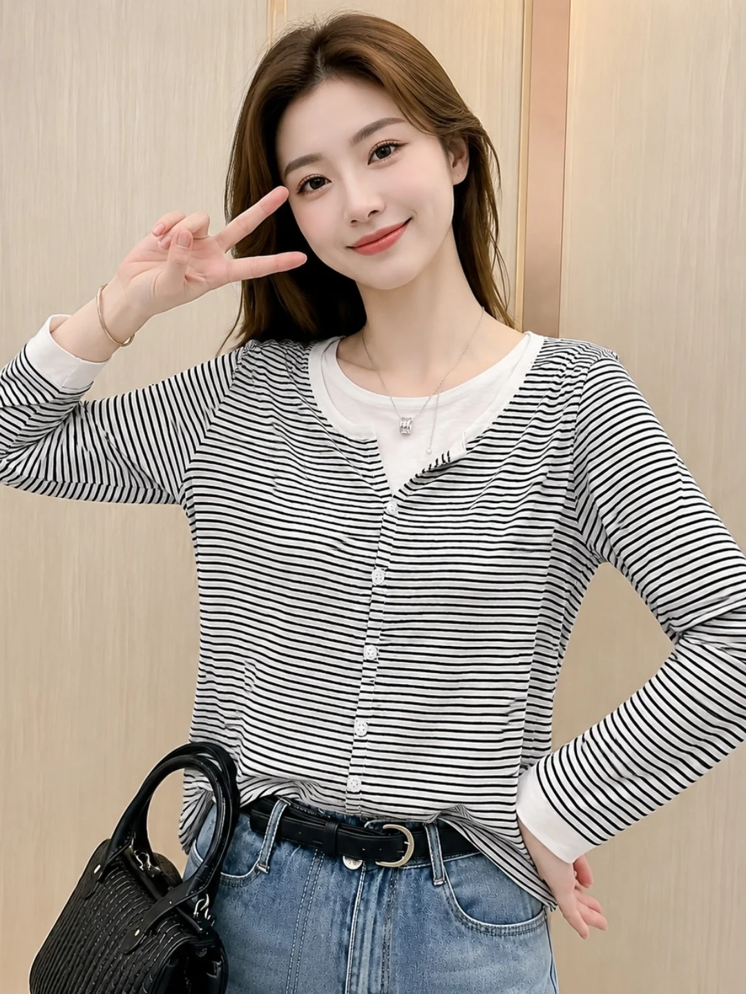 Fall 2026 Commute Style Women's Knitted Long Sleeve Striped Color Block Design Fake Two-Piece Soft Straight Cut Top
