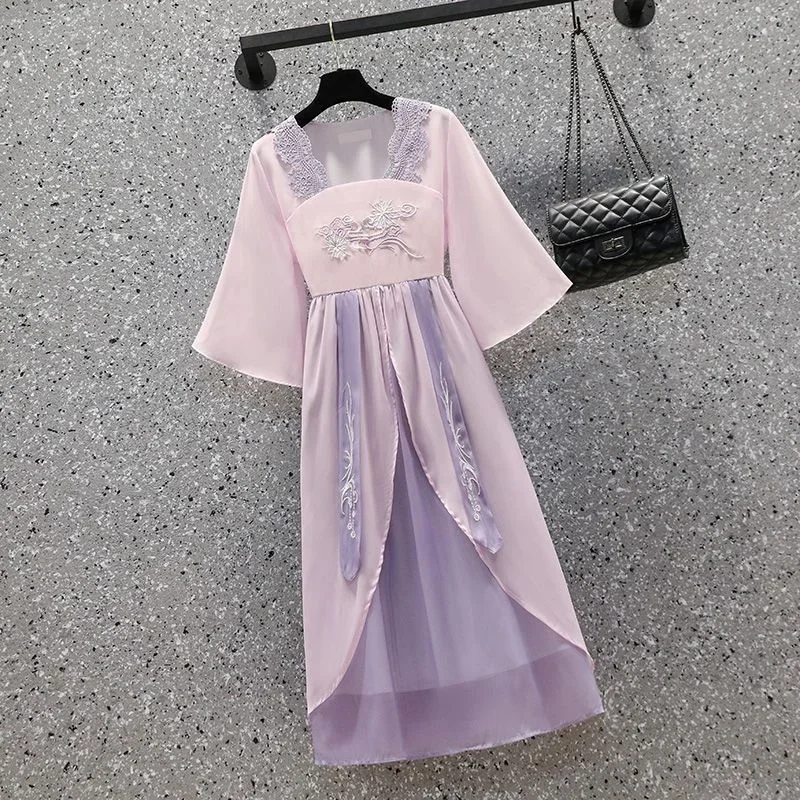 Robe Cheongsam brodée violette pour femme, nouveau style chinois, Hanfu, taille fine, été 2023