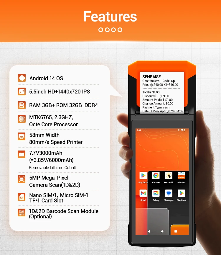Senraise H10P Mobile Handheld Android POS System Terminal Manufactures Touch Screen Pos with Printer Payment Machine