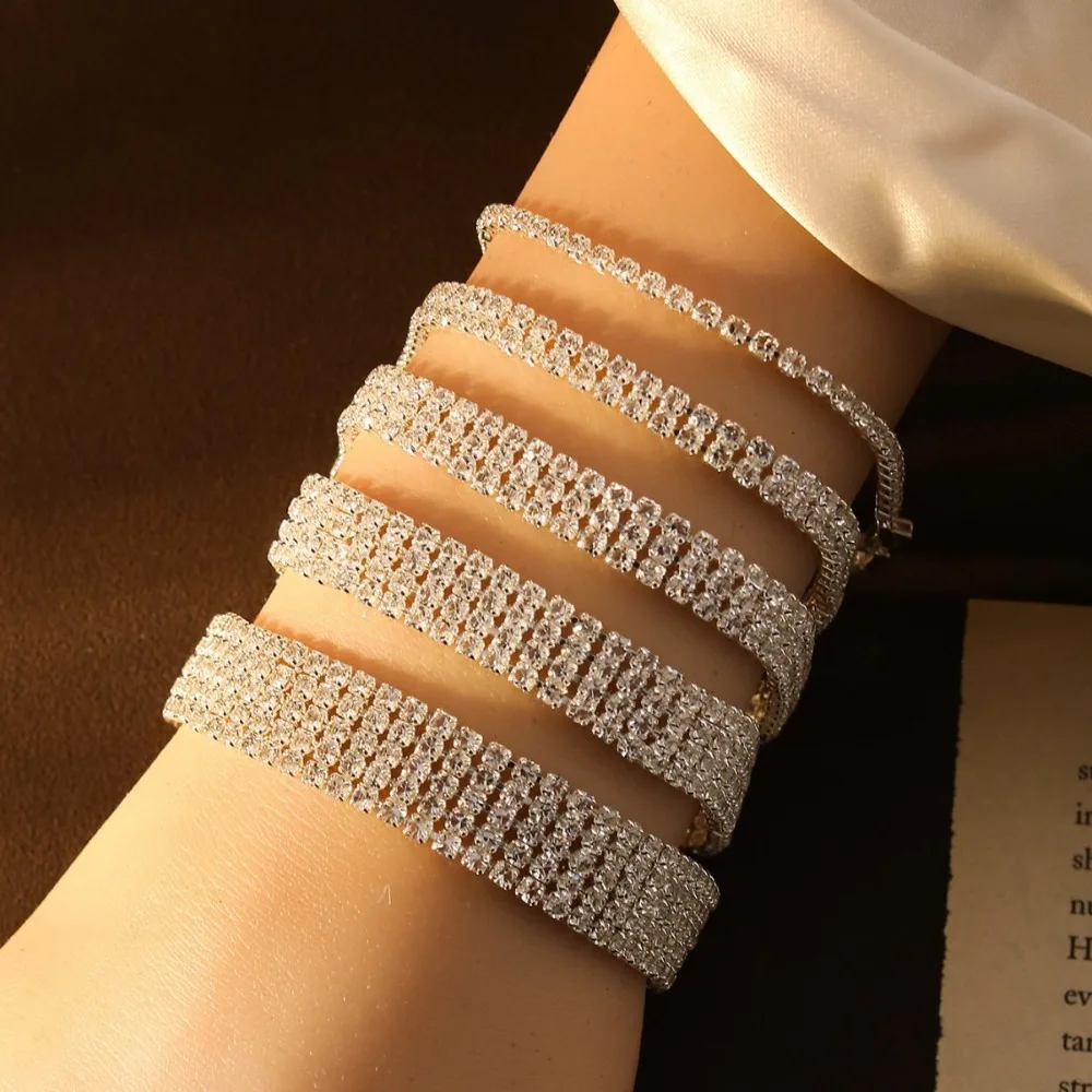 Simple Luxury Shining Brightly Geometric Multi-row Zircon Bracelet for Women Engagement Bride Wedding Fashion Designer Jewelry