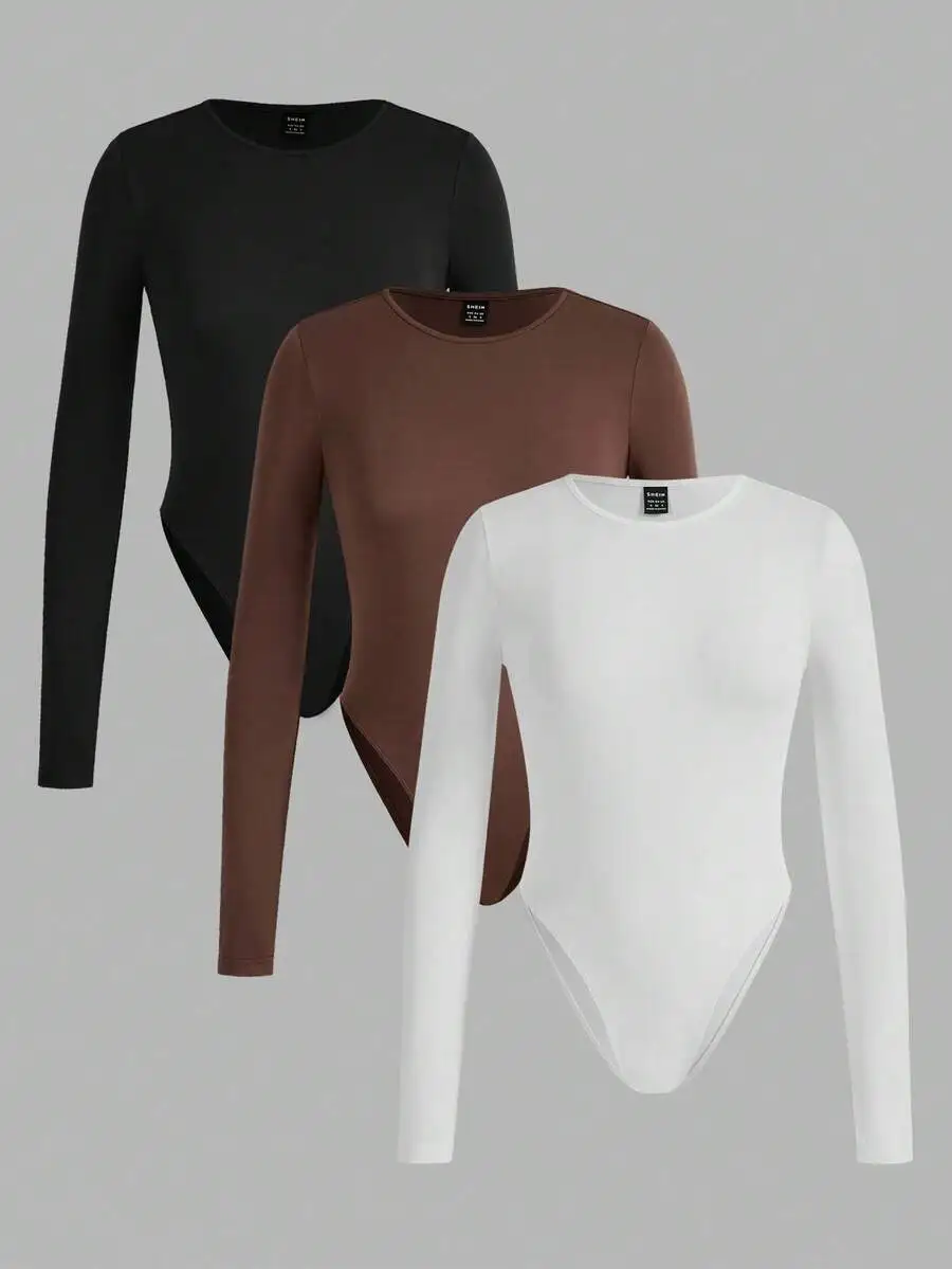 

3-Pack Solid Color Long Sleeve Bodysuits for Women, Minimalist Fit, Autumn Winter Wear