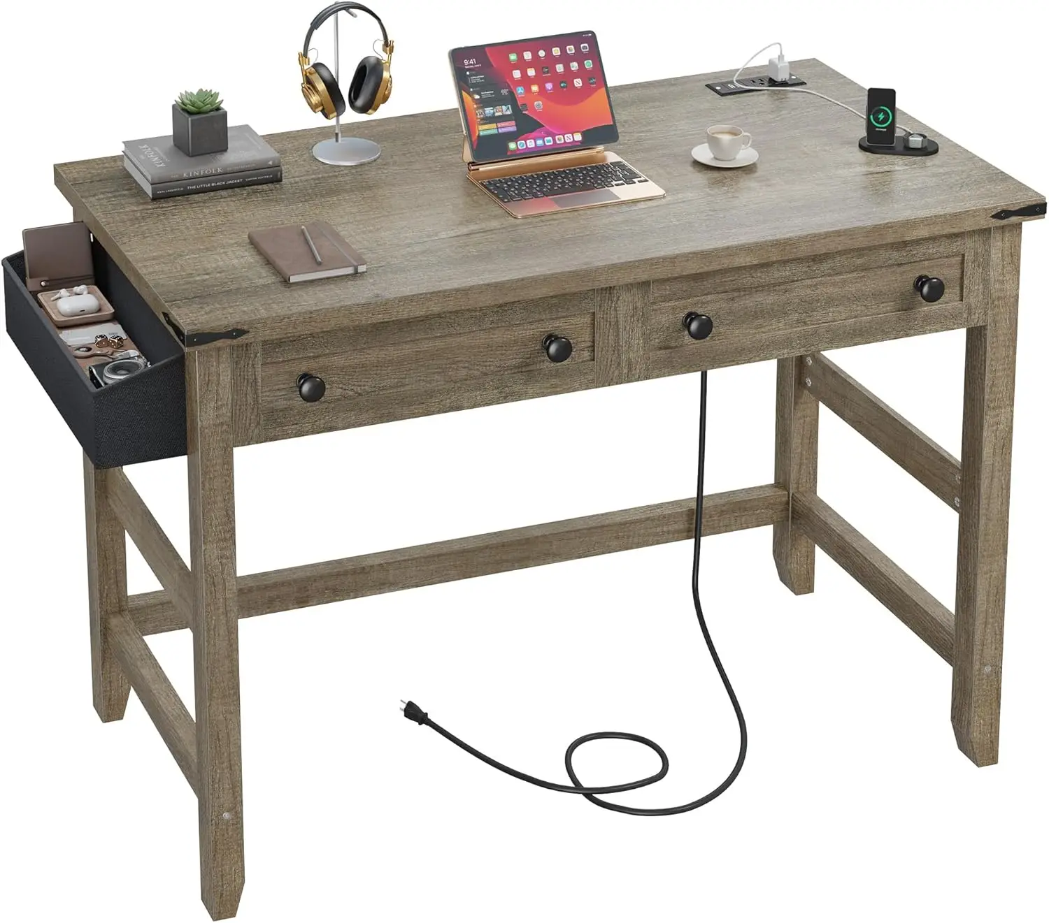 

Small Desk for Bedroom, Computer Desk with Power Outlets for Home Office, Desks with Drawers and a Side Pocket