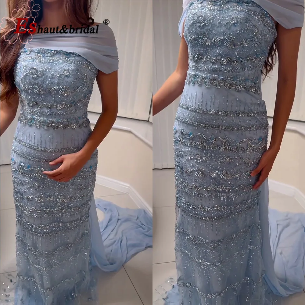 

Elegant Strapless Mermaid Evening Dress with Scarf for Women 2026 Luxury Pearls Long Formal Prom Wedding Party Gown Customized
