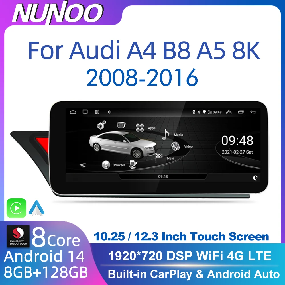 Android 14 Qualcomm CarPlay Wireless Auto For Audi A4 B8 A5 8K 2008~2016 MMI Car Multimedia Player GPS WiFi DSP