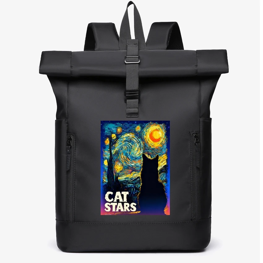 

Black Cat Starry Sky Night Printed Men's women's Senior Sense Business Computer Leisure Rolled Edge Couple Backpack Commuting