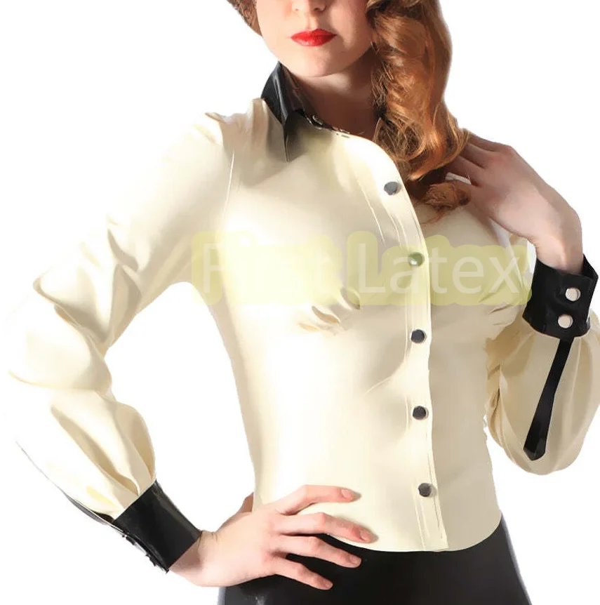 

Натуральный латексный каучук Фетиш Женские топы Женская футболка с отложным воротником и длинным рукавом Белая и черная латексная женская рубашка поло Gummi