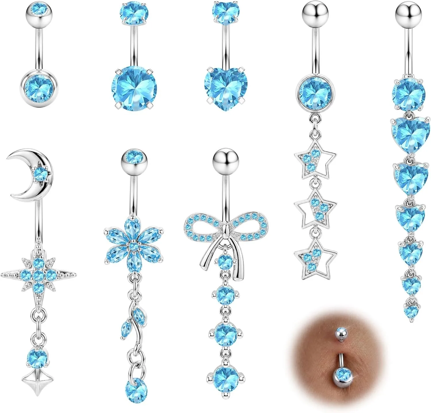 Drperfect 8Pcs Belly Button Bars Surgical Steel Short Dangly Belly Button Bar for Women Belly Bar Heart Naval Piercing Jewelry