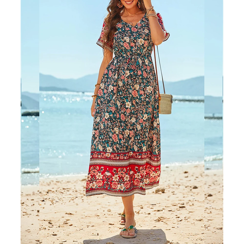 Robe longue d'été grande taille pour femmes, tenue de plage bohème, vêtements féminins élégants, jupe florale décontractée, 2024