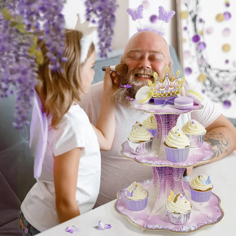 Lila Cupcake Stand 3-stufiges Dessert für Lavendel Blumen krone Thema Quince anera Party Kuchen Serviert ablett Hochzeits feier Lieferungen – Detail 6