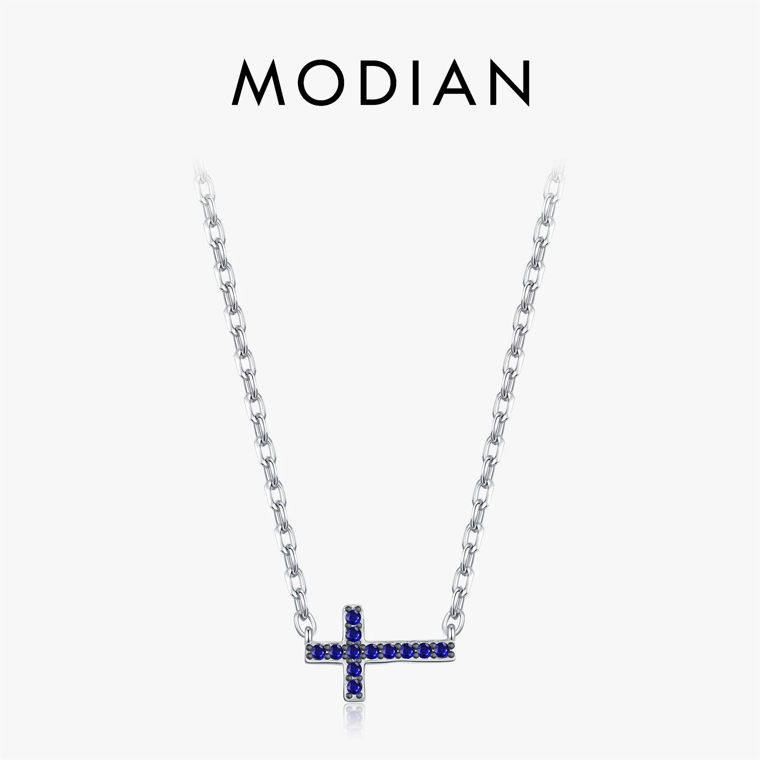 MODIAN 925 Sterling Silver Basic Sparkling Royal Blue Zircon Cross Pendant Necklace For Women Daily Fine Jewelry