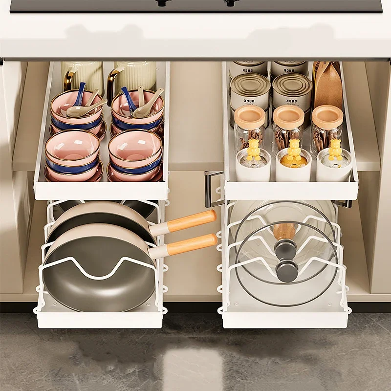 رف أوعية قابل للسحب للمطبخ قابل للتعديل، رف تقسيم لأطباق الخزانة مع قضبان منزلقة