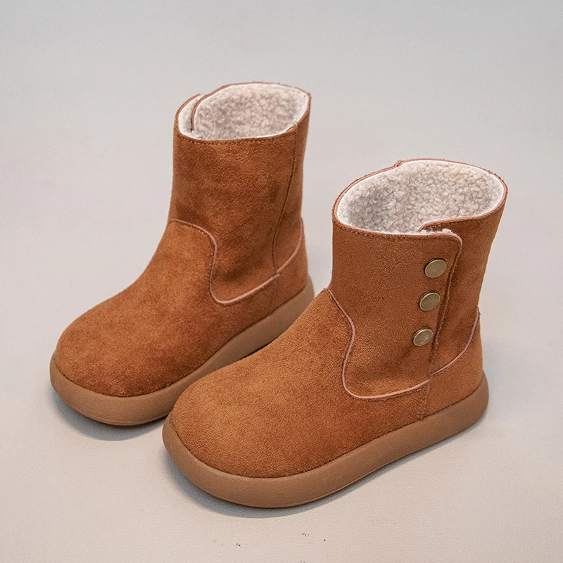 Brown Suede Children Western Boots Round Toe Metal Buckle Winter Boys Girls Shoes Snow Botas Kids Flats Knight Botines