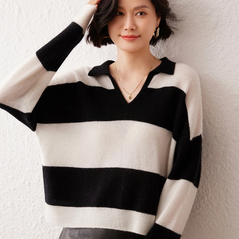 Women 100 Percent Cashmere Pullover Sweater French Style Striped Color Block Loose Fit V Neck  Autumn Winter Elegant Casual Warm