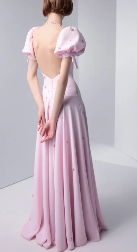 Blush Pink Square Neck Puff Sleeve Chiffon Evening Gown Tiny Crystal Bow Appliques Flowy Formal Maxi Dress
