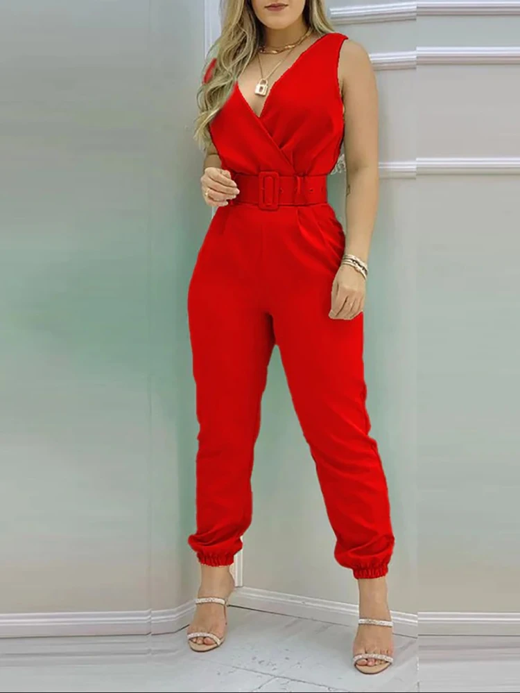 New Casual Women's Pants Women's V-neck Open Back Printed High Waist Jumpsuit Women (including Belt) Spring and Summer 2023