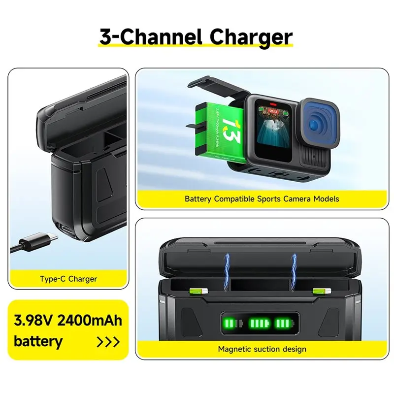 T31C-USB-C LCD 3-Slot For Gopro Hero 13 Battery , Black Battery For Gopro 13 Camera Battery