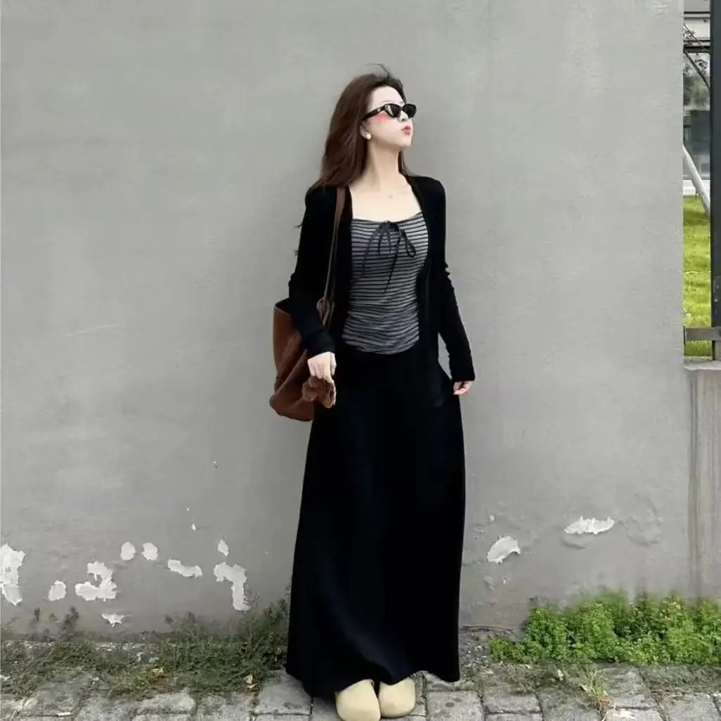 Lazy Style Striped Tank Top And Skirt Three-Piece Set for Women Autumn Season Elegant Casual Sportswear Ensemble