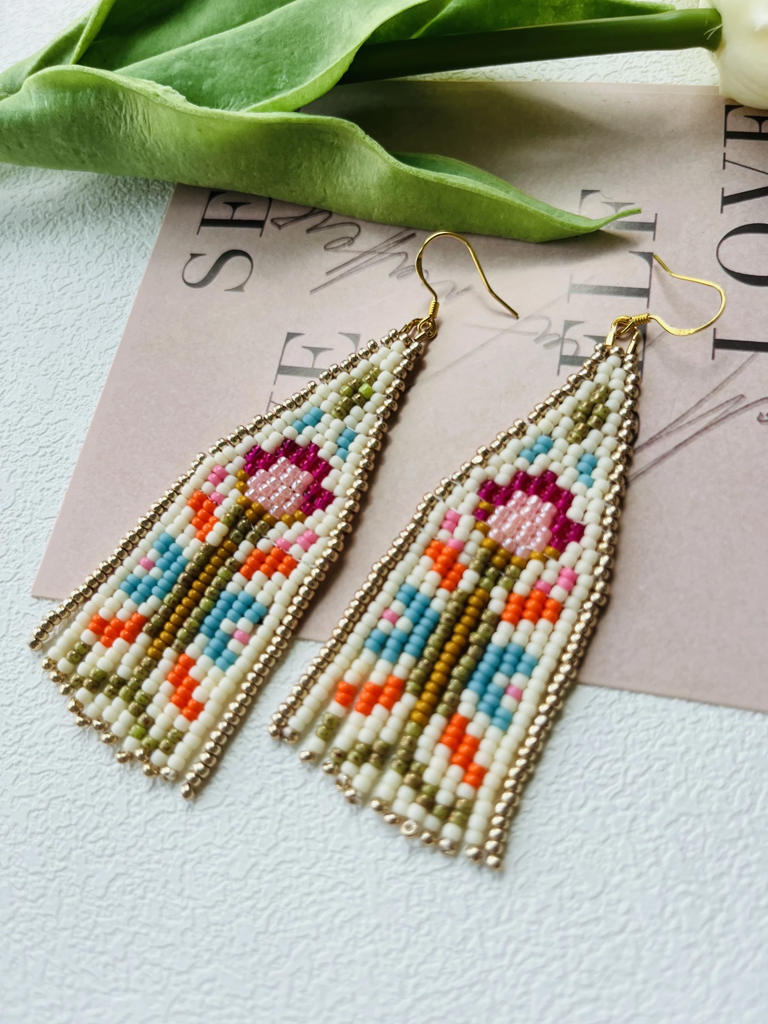 Beaded earrings Tassel Flowers Retro  Design Originality Bohemia Hand knitting Alloy Tide Simple Rice bead earrings