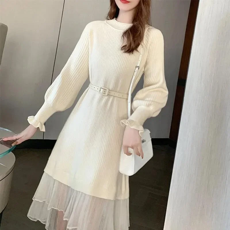 

NMZM sweater pullover 2023 autumn new sweater women's long sleeved dress medium length fairy mesh patchwork knitted sweater dres