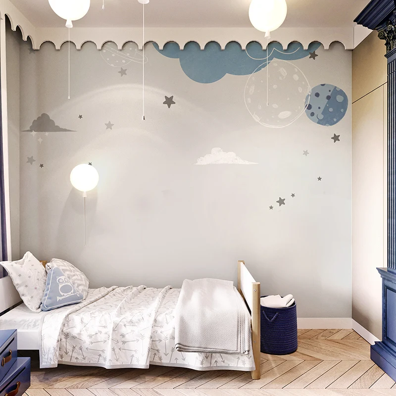 Papier peint gris nordique personnalisé pour chambre d'enfant, papier peint planète pour chambre de garçon, peinture murale maternelle, autocollants de décoration de maison