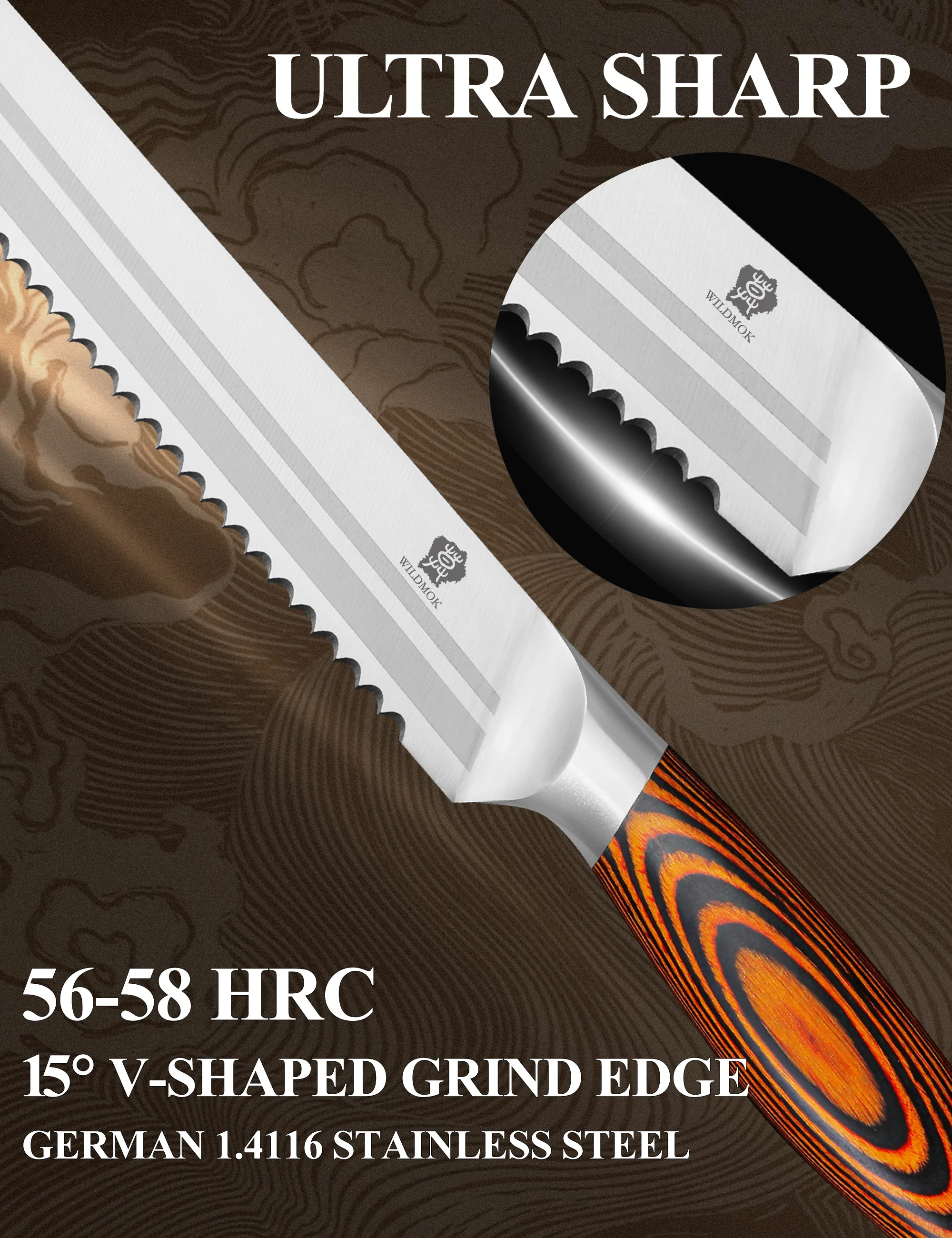WILDMOK 8 Inch Serrated Bread Knife, Professional Cake Cutter with Ergonomic Pakkawood Handle for Home Kitchen Baking