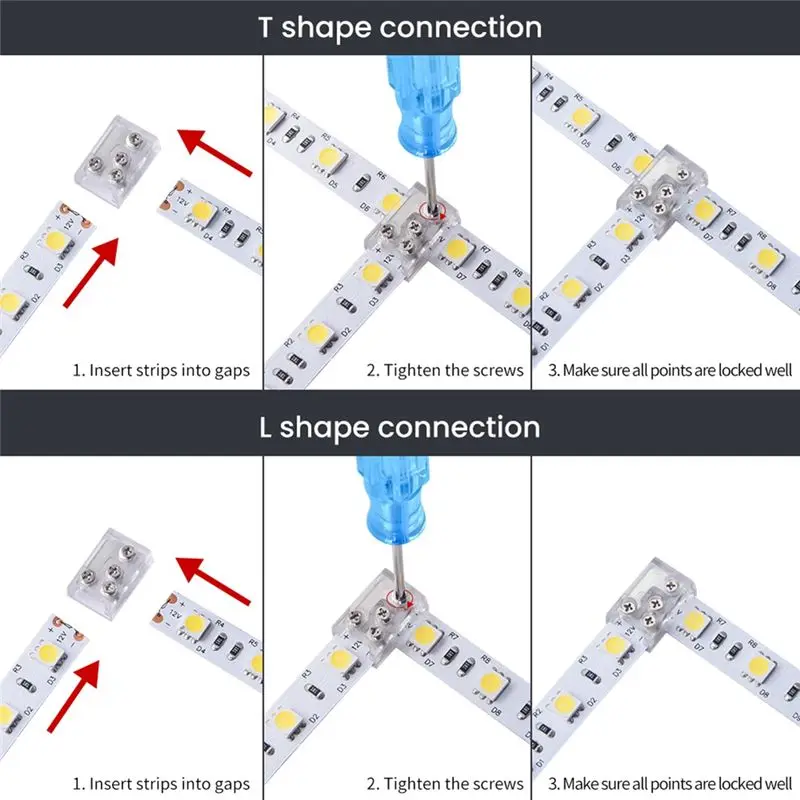 DT17 10 Pcs LED Corner Connector with Screw Fixing 24V/5A 2 Pin 8mm L T Connector for LED Strip Single Color COB IP20