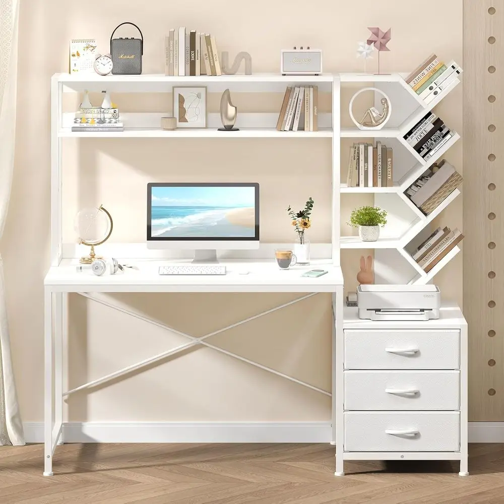 

White 52 Reversible Desk with Hutch, Storage Desk with Drawers and Shelves for Home Office or Bedroom