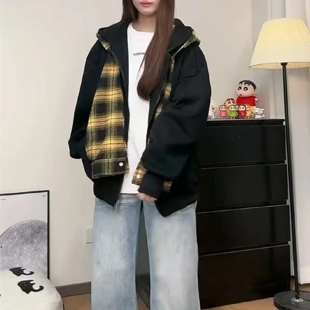 

Plaid Shawl Long-Sleeved Hooded Sweatshirt Cardigan Women 2025 Spring Autumn New Loose Design Niche Lazy Style Thin Jacket