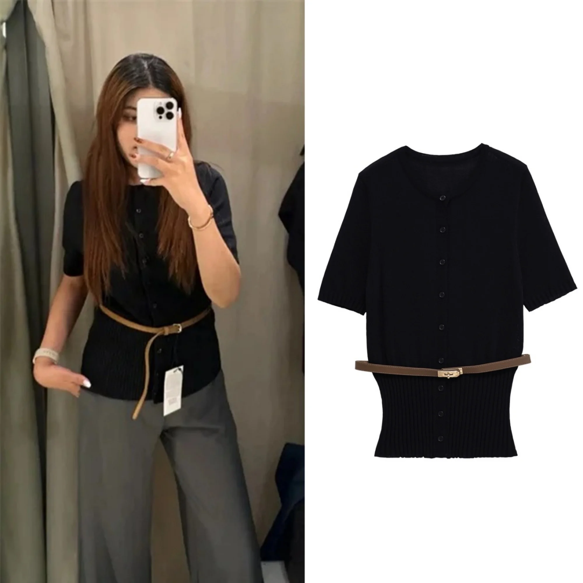 

Women's Black Short Sleeves With Belt Embellishment Knitted Cardigan Jacket Female Casual Fashion Simple Elegant Tops Streetwear