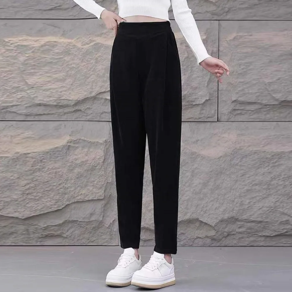 Nowe spodnie damskie na jesień i zimę 2025, z wysokim stanem, wyszczuplające, codzienne, pluszowe, ocieplane, dopasowane, typu \"harun\", spodnie marchewki, spodnie \"nożyczki\".