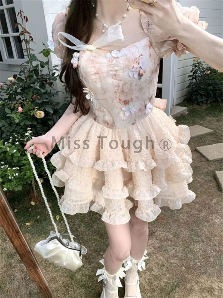 Summer Party Mini Dress Women New Flower Bow Lolita Sweet Dress Female Korean High Waist Short Sleeves Cake Fairy Dress 2024