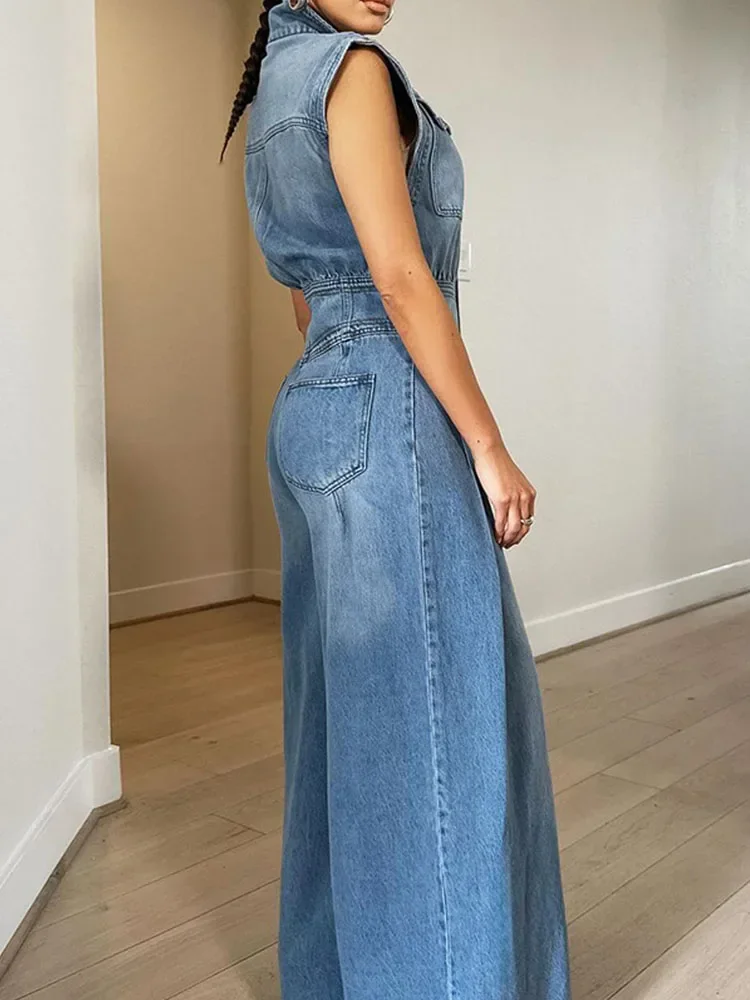 Streetwear Denim Jumpsuit Women Jean Overalls Sleeveless Elegant Turn-Down Collar Single Breasted Vintage One Piece Rompers Mono
