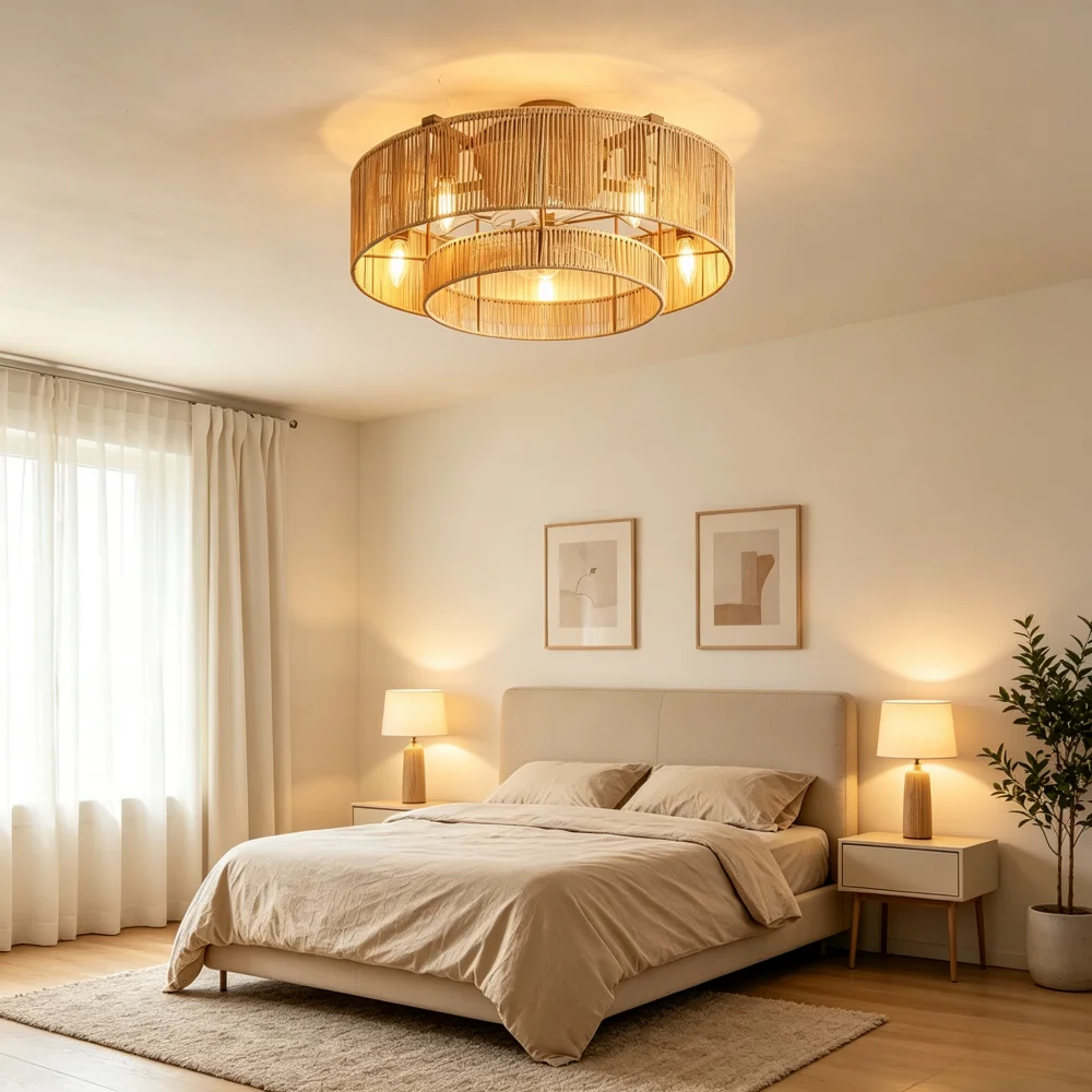 2‑Tier Rattan Ceiling Fan with Light Remote Control 6 Speeds Silent Boho Wicker Caged Fan Chandelier Home Decor Ceiling Lights ﻿